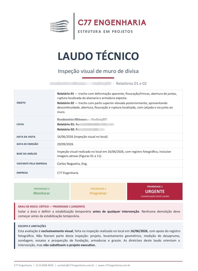 Capa de laudo técnico da C77 Engenharia