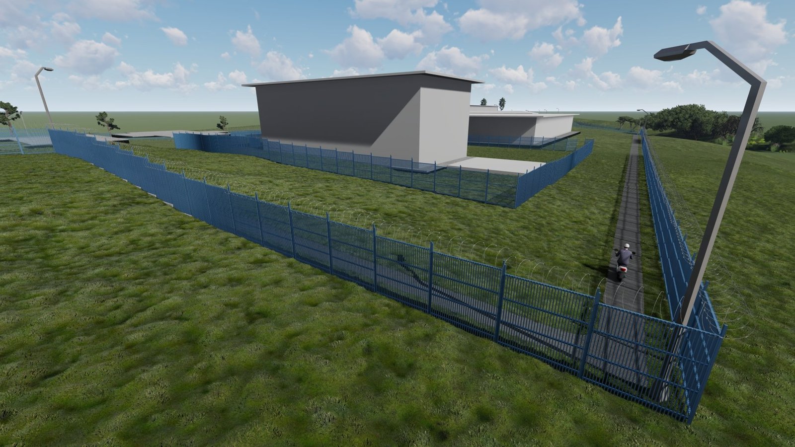 Imagem 3D de implantação com cercamento e edificação